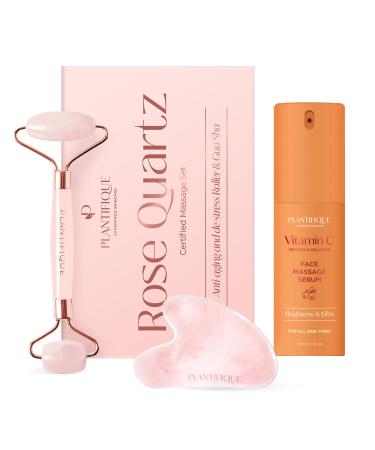 PLANTIFIQUE Vitamin C Face Serum Anti Aging Massage with Peptides Collagen Korean Skin Care Face Moisturizer and Rose Quartz Gua Sha Set
