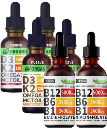 NUSAVA Vitamin B12 Liquid Drops Bundle, Strawberry Flavored D3 K2, & Vanilla Flavored D3 K2 - Potent Liquid Vitamins for Heart, Energy, Brain & Immune Support - Non-GMO, Gluten-Free, 2pk Each