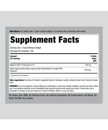 Piping Rock CoQ10 100mg - 120 Softgels with Black Pepper Extract | Non-GMO & Gluten-Free Supplement for Heart Health - Buy Online on GoSupps.com