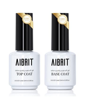 AIBRIT Gel Top Coat and Base Coat Gel Nail Polish Set with No Wipe Fast Dry Glossy Shine Long Lasting Gel Base and Top Coat Soak off LED UV Light for Nails Art Home DIY and Nail Salon Pack of 2 0.5 fl.oz / 15ml