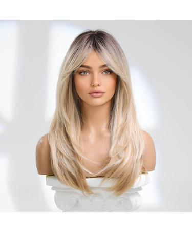 Long Blonde Wig with Bangs and Dark Roots - 22 Inch Synthetic Hair Wig for Women - Buy Online on GoSupps.com