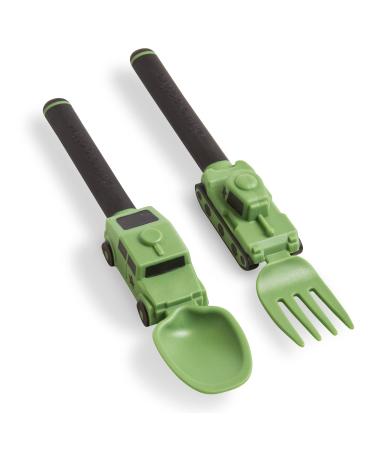 Dinneractive Utensil Set for Kids Green Army Themed Fork and Spoon for Toddlers and Young Children 2-Piece Set Army Theme Green