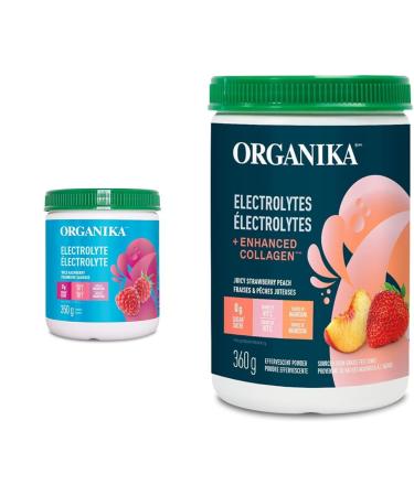 Organika Electrolyte Drink Mix - Raspberry flavour- Zero Sugar Hydration- 350 gram - 100 Servings & Electrolytes + Enhanced Collagen- Strawberry Peach Flavour Electrolyte Drink Mix + Electrolytes