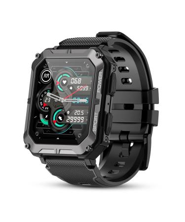 PUREROYI Military Smart Watches for Men IP68 Waterproof Rugged Bluetooth Call(Answer/Dial Calls) 1.83'' Tactical Fitness Watch Tracker for Android iOS Outdoor Sports(Black)