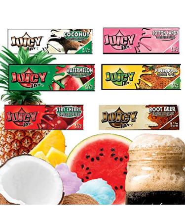 Bundle Pack Juicy Jay's Flavoured Rolling Papers - Cotton Candy Very Cherry Root Beer Coconut Pineapple Watermelon - 1 Pack of Each - 6 Packs Total