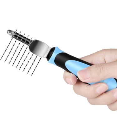 Flexzion Dogs Dematting Comb Stainless Steel Blades Rakes for Pets Cats Animals Matted Knotted Hair Brush Cutting Removing Grooming Tool with Smooth Teeth Needle - Black & Blue Handle - Buy Online on GoSupps.com
