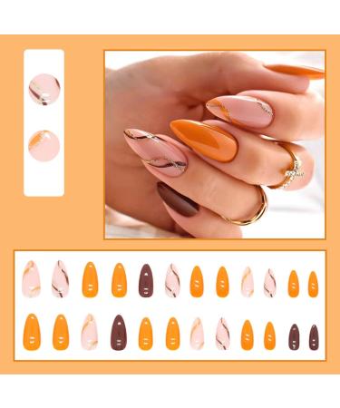 JUSTOTRY 24 Pcs Glitter Swirl Stiletto False Nails - Short Orange French Press on Nails with Nail Glue - Almond Stick on Nails for Women - Buy Online on GoSupps.com