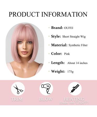 OUFEI Pink Bob Wig With Bangs Short Straight Wig For Women Synthetic Hair Wigs for Daily Party Cosplay Wear Pink(1059-1) - Buy Online on GoSupps.com