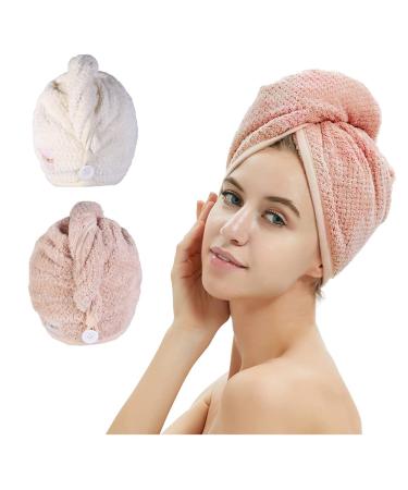 2 Pack Hair Towel Wrap,Hair Drying Towel with Button, Microfiber Hair Towel, Dry Hair Hat, Bath Hair Cap (Pink&Beige)