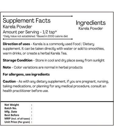 H&C Karela/Bitter Gourd Powder 227g - Healthy Blood Sugar Support | Metabolic Wellness - 0.5 Lb Pack - Buy Online on GoSupps.com