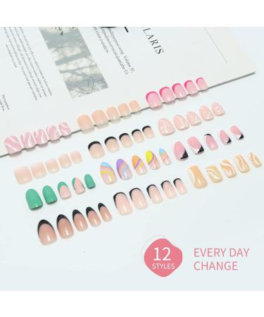 12 Packs Misssix Short French Tip Press on Nails Set - Almond and Square Fake Nails with Nail Glue for Women - Buy Online on GoSupps.com
