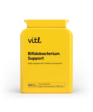 Vitl Bifidobacterium Support Daily Supplement - 60 High Strength Capsules with 4 Billion Live Cultures per Tablet - Multistrain Blend of 3 Bifidum Strains & Soluble Fibres - Support for Gut Health 60 count (Pack of 1)