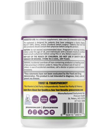 Procare Health Bariatric Multivitamin with Iron 45mg Chewable (30 Tablets) - Fruit Punch Flavor Bariatric Multivitamin Chewable Pills for Gastric Bypass & Sleeve Gastrectomy Patients (01 Month Supply) 30 Count (Pack of 1) - Buy Online on GoSupps.com
