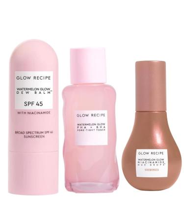 Glow Recipe SPF Dew Balm Sunscreen Stick (0.58 oz) + PHA + BHA Face Toner (40 ml) + Hue Drops Tinted Serum Bronzer & Highlighter (40 ml)