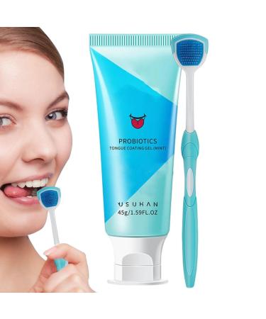 Ortuh tongue cleaning gel set-refreshing tongue cleaner scraper and gel kit with fresh mint fragrance ergonomic tongue cleaner-burst set removed stains and deposits