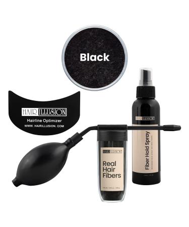 Hair Illusion Combo Kit - Hold Spray, 38g Hair Fiber Bottle, Applicator & Hairline Optimizer (Black)
