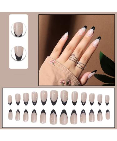 JUSTOTRY 24 Pcs Oval Pearls False Nails - Short Black French Press On Nails with Nail Glue - Funky Glossy Fake Nails for Women's Nail Art - Buy Online on GoSupps.com