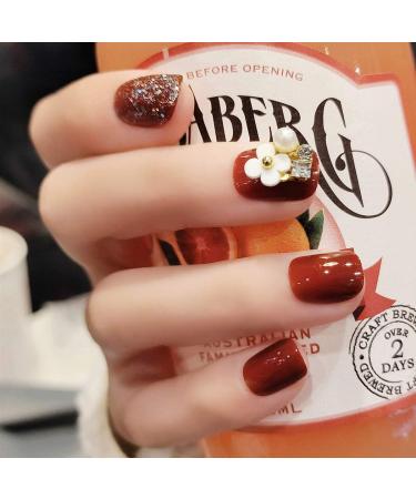 Sethexy Glossy Squoval Short False Nails Flower Glitter Rhinestone Studs Wine Full Cover Acrylic Fake Nails Tips for Women and Girls - Buy Online on GoSupps.com