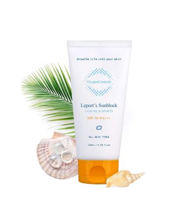 Premium Mineral Sunscreen  OxygenCeuticals Leports Sunblock SPF 50 PA+++  Face & Body Sunscreen with Zinc Oxide & Titanium Dioxide  Non Greasy  Oil Free  UVA & UVB Protection  Water & Sweat Resistant  Gentle on Sensitive...