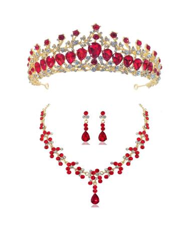 Milisente Crowns For Women  Bridal Crystal Crowns And Tiaras For Women  Wedding Rhinestone Crown For Bride  Barcelets and Earrings  Jewelry Set Red