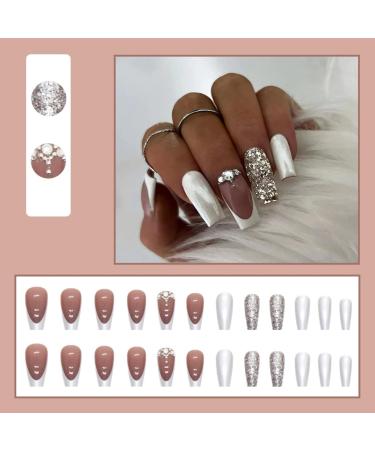 Justotry 24pc Glitter Coffin Nails - Milky French Press-On Nails with Rhinestones & Glue | Stylish Artificial Ballerina Nails for Women - Buy Online on GoSupps.com