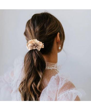 Brinie Champagne Flower Hair Scrunchies - Handmade Bead & Rhinestone Hair Ties for Women & Girls - Buy Online on GoSupps.com