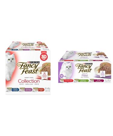 Fancy Feast Wet Cat Food Collection Variety Pack 3 Flavours - 85 g Can (30 Pack) & Deli Supper Wet Cat Food Pate Variety Pack 3 Flavours - 85 g Can (12 Pack)