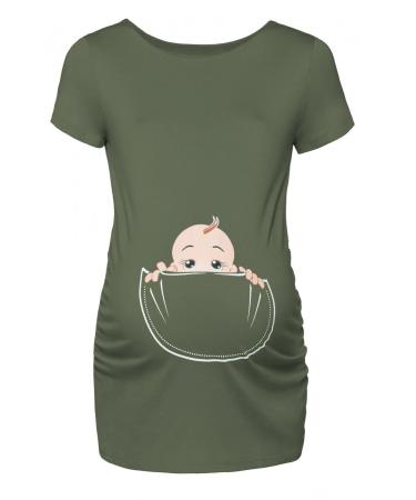 HAPPY MAMA. Women's Maternity Baby in Pocket Print T-Shirt Top Tee Shirt. 501p 18-20 Khaki