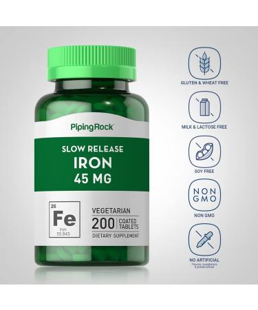 Slow Release Iron Supplement 45mg - 200 Tablets | Ferrous Sulfate | Vegetarian Non-GMO Gluten Free | Piping Rock - Buy Online on GoSupps.com