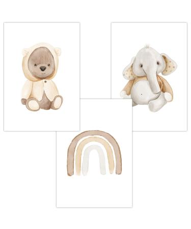 OLGS Baby Room Poster Set of 3 | Wall Pictures for Children's Room Decoration Pictures DIN A4 | Teddy Rainbow Wall Poster for Girls Boys | Animals: Bear Elephant Teddy rainbow elephant