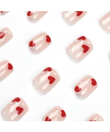 24Pcs Red Heart Short Square Press On False Nails | Full Cover Acrylic Tips for Women Decoration - Buy Online on GoSupps.com