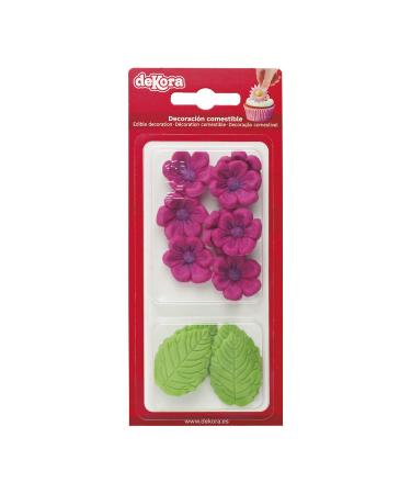 Dekora - Box of 8 Fuchsia Sugar Flowers and 5 Green Leaves - Edible Cake Toppers - Sugar Cake Decoration - Birthday Sugar Cake Decoration