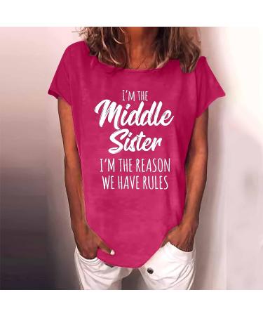 TUNUSKAT Middle Sister T-Shirt - Funny Letter Print Cotton Blouse in Hot Pink | Women's Casual Short Sleeve Top - Buy Online on GoSupps.com