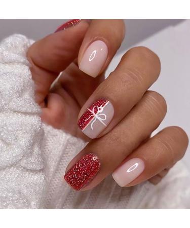 SINLOV Fake Nails Medium French Square False Nails Glitter Glossy Press on Nails Ballerina Acrylic Full Cover Fake Nail for Women and Girls