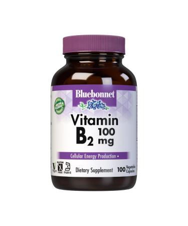 Bluebonnet Nutrition Vitamin B2 100 mg, For Cardiovascular and Nervous System Health, Soy-Free, Gluten-Free, Kosher Certified, Dairy-Free, Vegan, Non-GMO, 100 Vegetable Capsules, 100 Servings