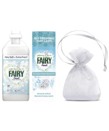 Fairy Fresh Fabric Conditioner Huggably Soft for Sensitive Skin 30Washes 1.05L + Fairy Fresh in Wash Scent Booster Beads Almond Milk & Manuka Honey 176gr + Our Gift for You: Organza Bag:9x7x0.1cm