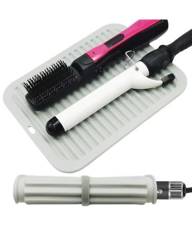Silicone Heat Resistant Mat for Hair Styling Tools - Portable Travel Mat with Hook and Loop Strap for Curling Iron Flat Iron Hair Straightener Home and Salon Use Grey