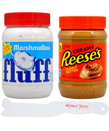(1) Reeses Creamy Peanut Butter 18 oz and (1) Marshmallow Fluff 7.5 oz with 1 WYKED YUMMY Spreader Plastic Knife and Jar Scraper Bundle to Make a Fluffernutter Sandwich