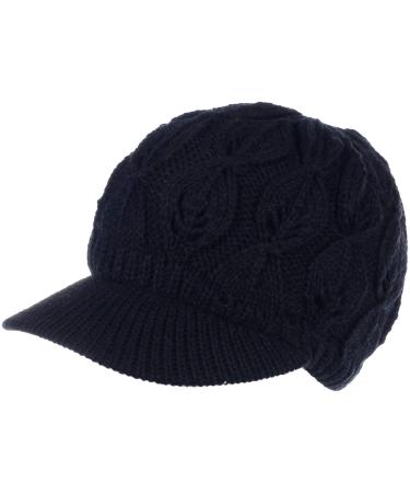 BYOS Womens Winter Chic Cable Warm Fleece Lined Crochet Knit Hat W/Visor Newsboy Cabbie Cap Leafy Black