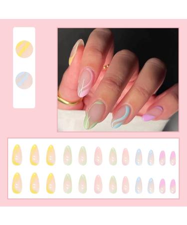 Justotry 24 Pcs Almond False Nails Short | Iridescent French Press on Nails | Wavy Pattern Fake Nails with Nail Glue | Swirl Oval Stick on Nails for Women - Buy Online on GoSupps.com