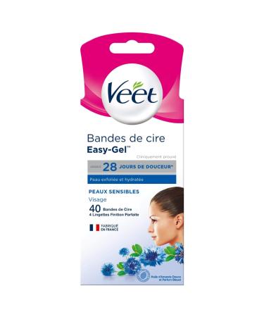 Veet EASY GEL - 40 Bandes De Cire Froide Visage - Peaux Sensibles - Sans Frotter - Epilation Longue Dur e Easygel