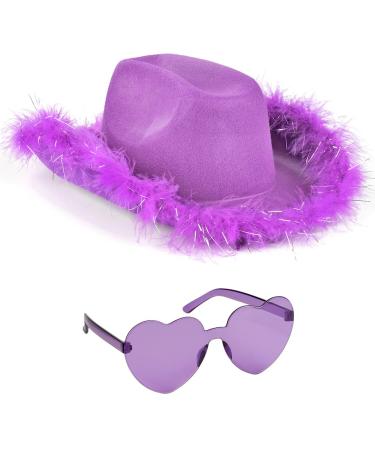 Funcredible Purple Cowgirl Hat with Glasses - Halloween Cowboy Hat with Feathers - Cow Girl Costume Accessories - Fun Bride Western Rodeo Party Hats and Goggles for Women, Girls and Kids