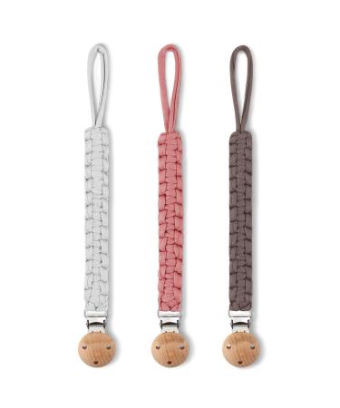 LUVADEYO pacifier chain cotton pacifier wood clip hand-woven modern castration style baby use (3 sentences white/khaki/powder) White/Khaki/Powder