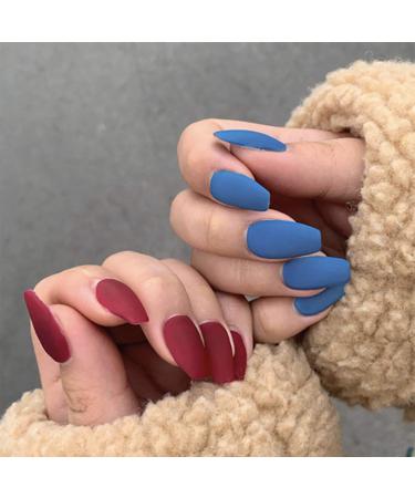Bohend fashion coffin false nails matt ballerina fake nail party 24 pcs press on nail to women and girls (red blue) red blue