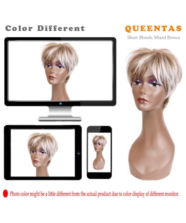 QUEENTAS Pixie Layered Short Blonde Mixed Brown Wig - Synthetic Hair for White & Black Women - Buy Online on GoSupps.com