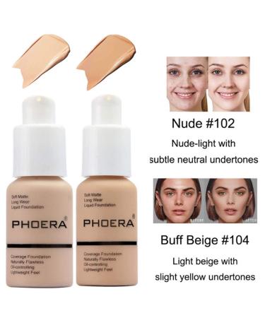 Phoera 2 Pcs Foundation Makeup Set 102 & 104 | Liquid Full Coverage Matte Oil Control Concealer | Nude & Buff Beige | Kabuki Brush Included - Buy Online on GoSupps.com