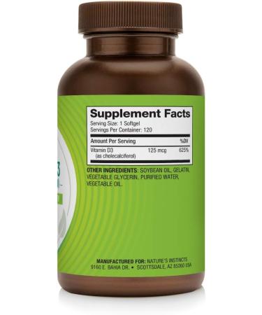 Natures Instincts Vitamin D3 125 MCG (5000 IU) Softgels - 120 Count | Bone & Immune Health Support | Bioavailable Supplement - Buy Online on GoSupps.com