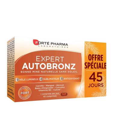 Forté Pharma - AutoBronz Expert | Food Supplement Tanning - Carotenoids, Evening Primrose Oil, Turmeric, Copper, Carrot - Good Mine, Sublimated Complexion, Antioxidant | 45 tablets, 1/day