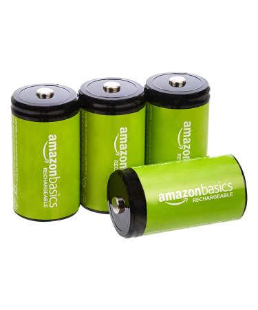 Amazon Basics 4-Pack D Cell Rechargeable Batteries, 10,000mAh Ni-MH, Pre-charged