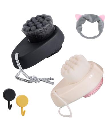 2 PCS Facial Cleansing Brush 2 in 1 Silicone Face Scrubber and Face Wash Brush  Face Exfoliator Brush with Lid  Hairband and 2 Hooks  Soft Bristle Face Brush for Pore Deep Cleansing (Black and White)
